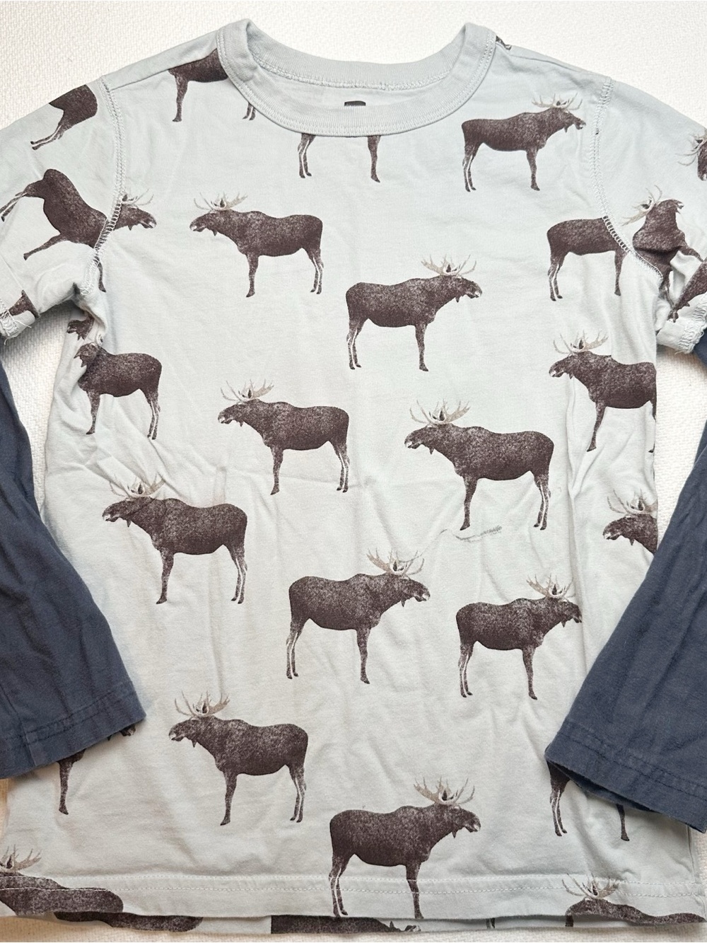 Tea Collection Moose Print Long-Sleeve Tee - Light Blue with Navy Sleeves